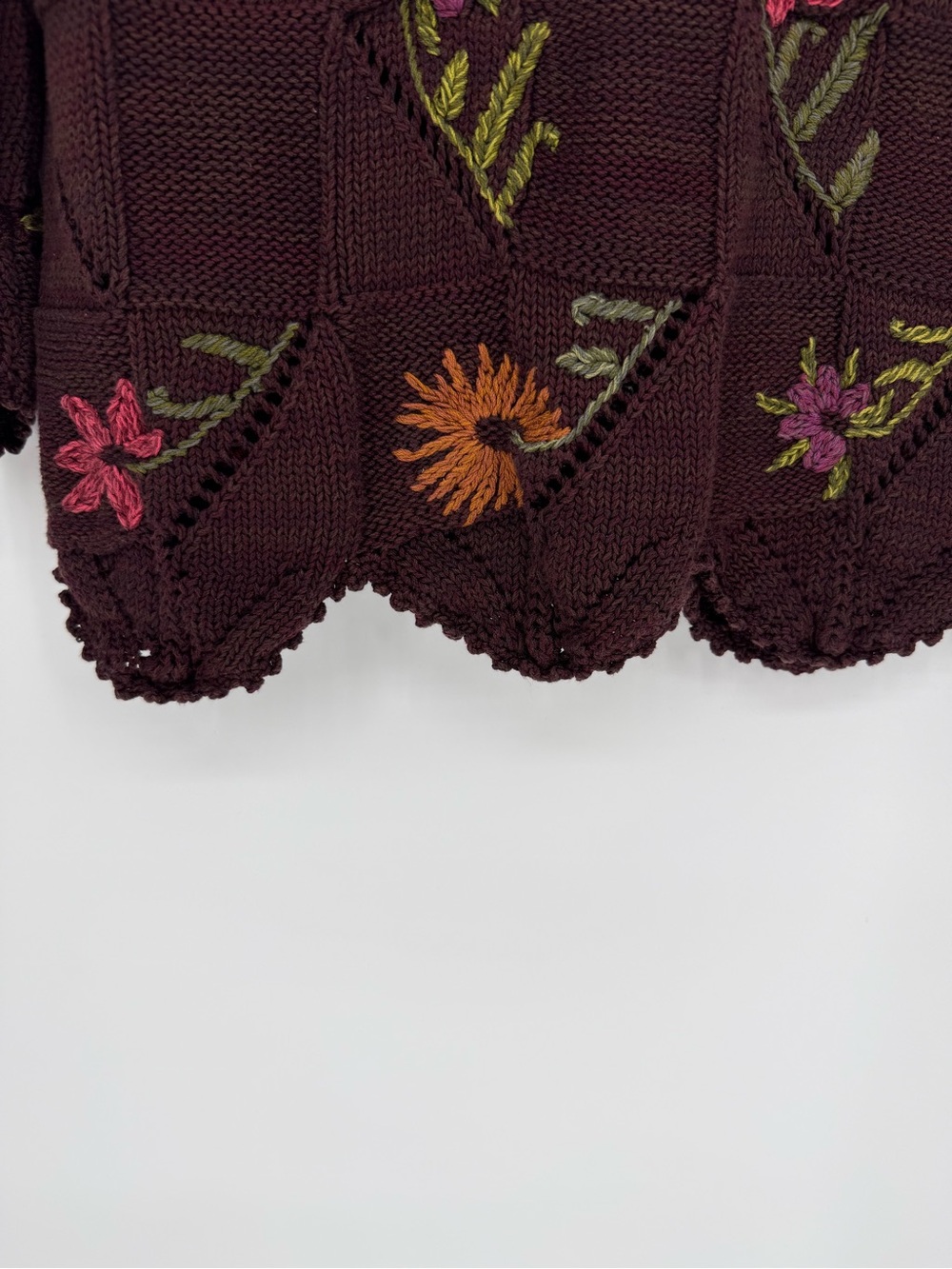 Peruvian Connection L Embroidered Pima Cotton Open Knit Floral Sweater Boho Art - Picture 5 of 14